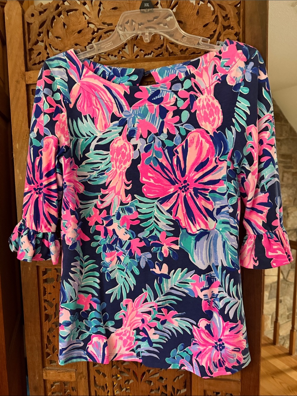 Lilly Pulitzer Navy Floral Print Ruffled Sleeve Top – Pink, Teal, Blue